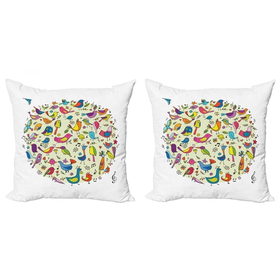 Doodle Throw Pillow Cushion Cover Pack of 2, Cheerful Pattern of Vivid Little Birds and Flowers, Zippered Double-Side Digital Print, 4 Sizes, Pastel Green Multicolor, by Ambesonne