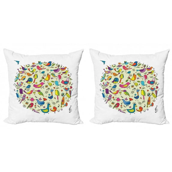 Doodle Throw Pillow Cushion Cover Pack of 2, Cheerful Pattern of Vivid Little Birds and Flowers, Zippered Double-Side Digital Print, 4 Sizes, Pastel Green Multicolor, by Ambesonne