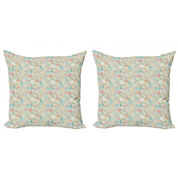 Doodle Throw Pillow Cushion Cover Pack of 2, Childish Food with Fish Watermelon Healthy Organic Fruits and Vegetables, Zippered Double-Side Digital Print, 4 Sizes, Multicolor, by Ambesonne