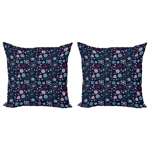 Doodle Throw Pillow Cushion Cover Pack of 2, Flowers Leaves Petals Pansy Bluebells Dandelion Modern Mother Mature, Zippered Double-Side Digital Print, 4 Sizes, Sea Green Indigo, by Ambesonne