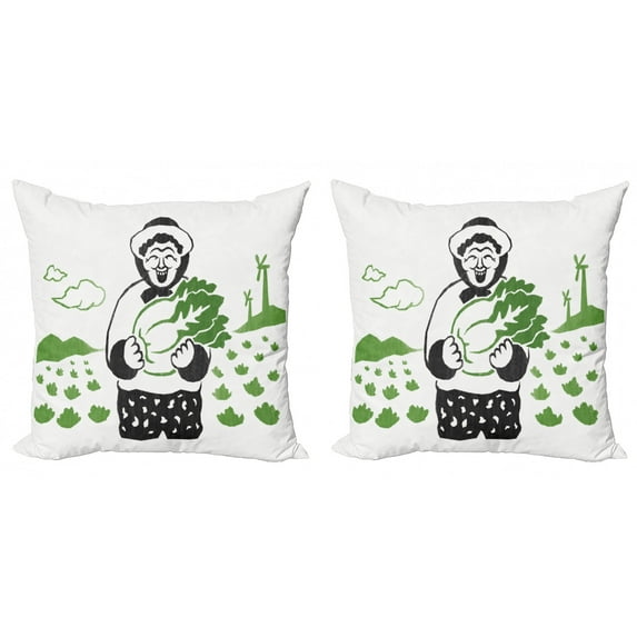 Doodle Throw Pillow Cushion Cover Pack of 2, Gardener Smiling Holding Chinese Cabbage Plantation in a Greenfield, Zippered Double-Side Digital Print, 4 Sizes, Fern Green Dark Grey, by Ambesonne