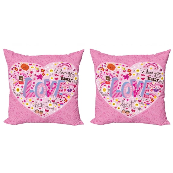 Doodle Throw Pillow Cushion Cover Pack of 2, I Love You Sugar Giant Heart with Big Letters Spelling Love Smiles Flowers, Zippered Double-Side Digital Print, 4 Sizes, Pink Multicolor, by Ambesonne