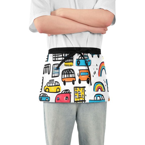 Doodle Traffic Waist Apron Adjustable Server Half Apron Kitchen Cooking with 3 Pockets for Men Women