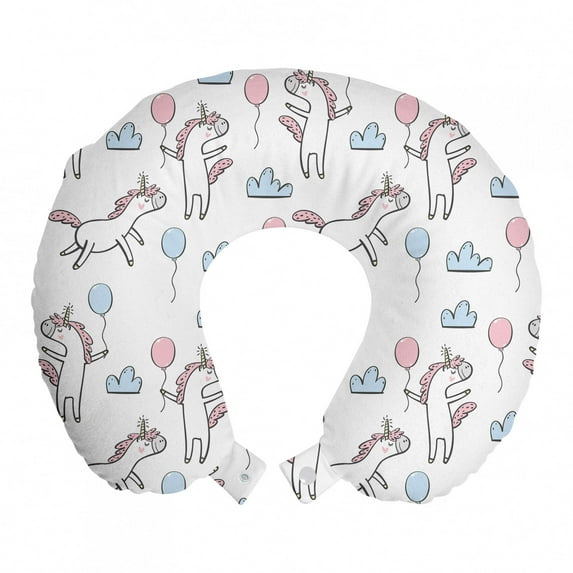 Doodle Travel Pillow Neck Rest, Nursery Themed Pattern with Clouds Balloons and Unicorns Party, Memory Foam Traveling Accessory Airplane and Car, 12", Baby Pink Baby Blue, by Ambesonne