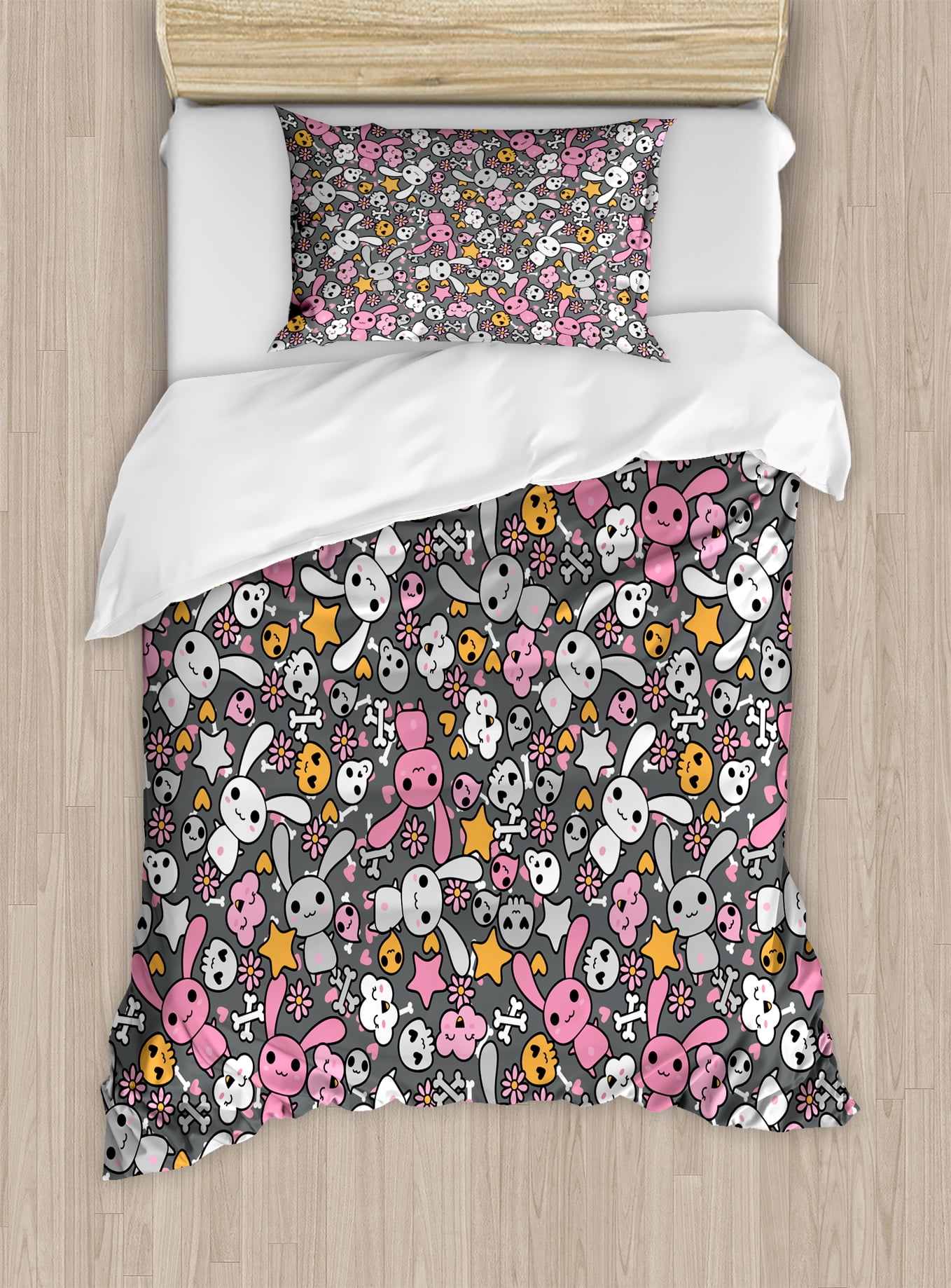 Kawaii Bunnies and Skulls Twin Duvet Cover Set