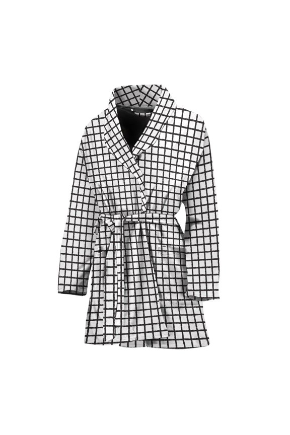 Doodle Windowpane Pattern Women Bathrobe One Size Univeral Fits, Checkered Caro Plaid Tartan Fashion Lightweight Plush Fleece Long Robe For Women