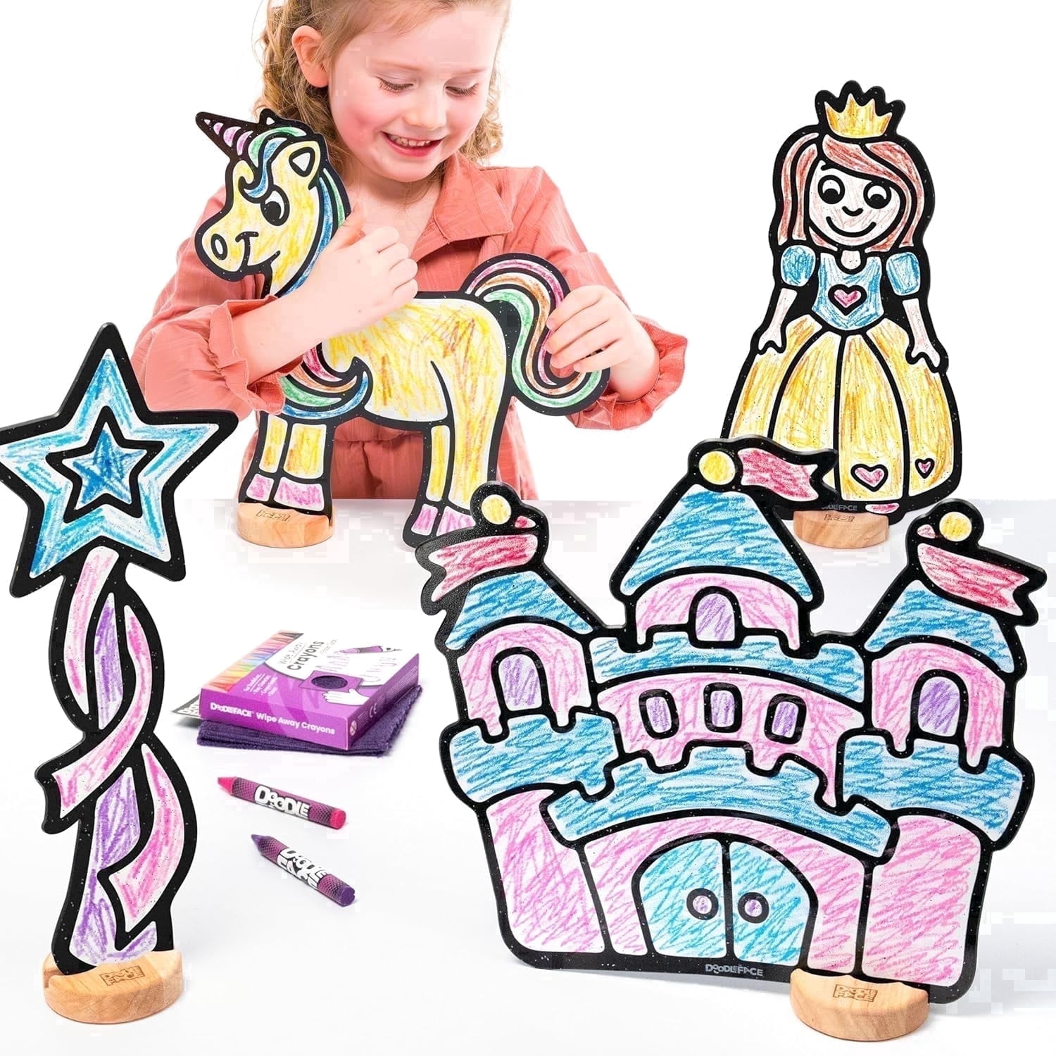 Fairytale Toy Set for Kids: Color, Play, and Wipe Away with Crayons and Eraser. Educational Reusable Coloring Toy with Castle, Princess, Unicorn, Star Wand.