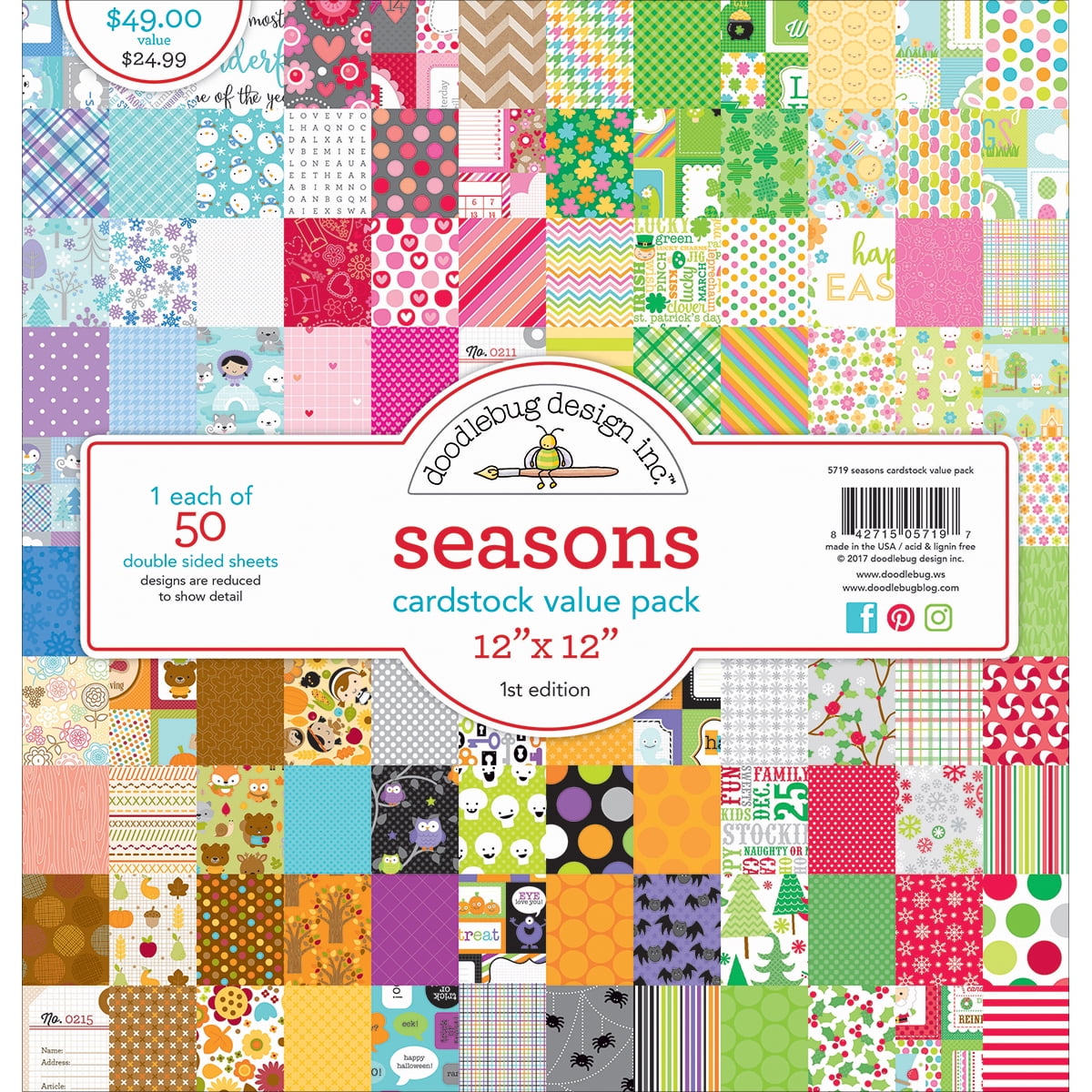 Doodlebug Designs Assorted Colors Card Stock, 12in x 12in, 50 Sheets