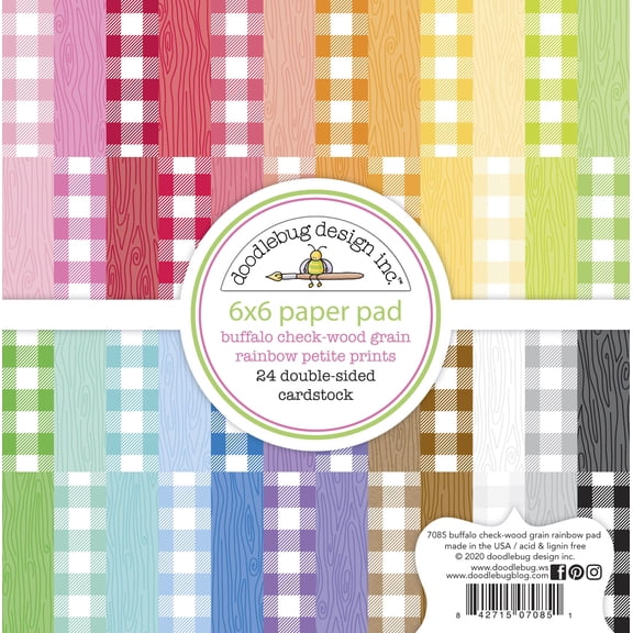 Doodlebug Petite Prints Double-Sided Paper Pad 6"X6" 24/Pkg-Buffalo Check-Wood Grain Rainbow