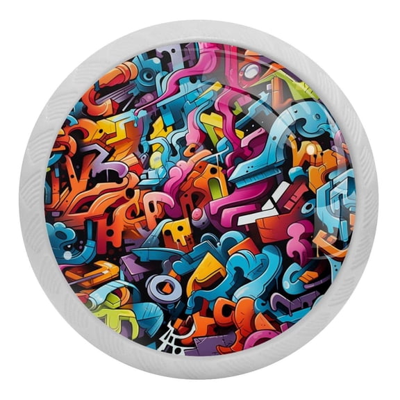 Doodles Art Painted Crystal Glass Drawer Knob Pull Ergonomic 30mm Circle Glowing Furniture Cabinet Handle for Kitchen Dresser Cupboard Wardrobe