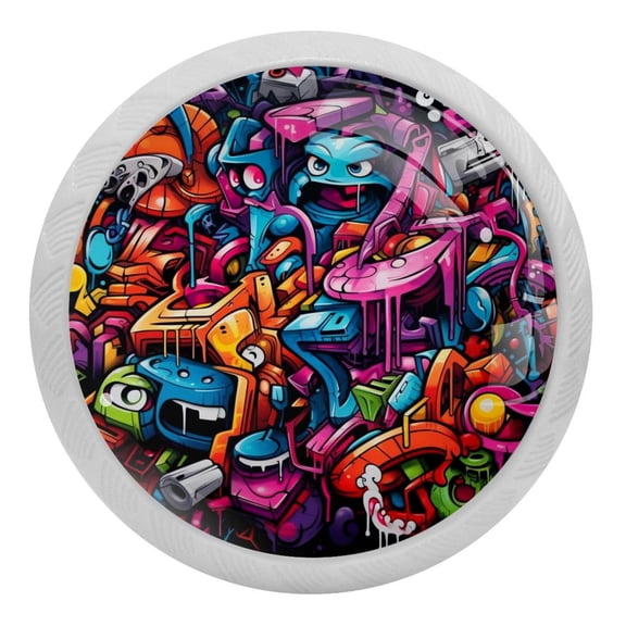 Doodles Art Painted Glow in The Dark Crystal Glass Cabinet Knobs 4 Pcs Drawer Handles for Kitchen Cabinets Dresser Cupboard Wardrobe