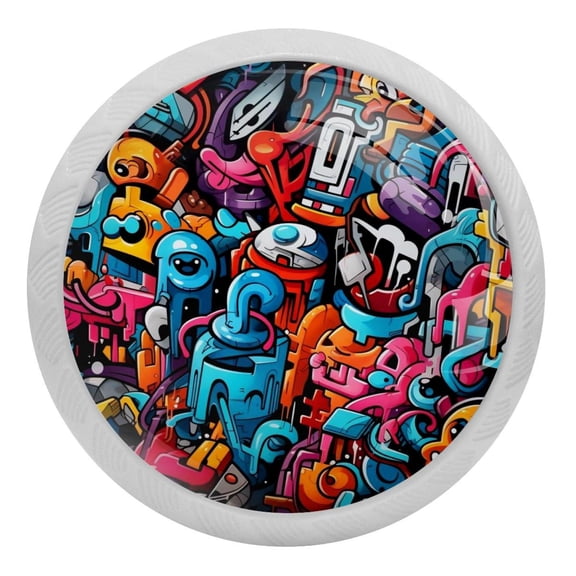 Doodles Art Painted Glow in The Dark Crystal Glass Cabinet Knobs 4 Pcs Drawer Handles for Kitchen Cabinets Dresser Cupboard Wardrobe