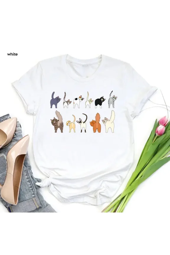 Doodless Cat Butt Graphic T-Shirt, Cottagecore Kitten Casual Top for Cat Lovers