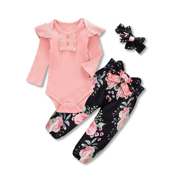 Dooleck Baby Girl Clothes Infant Ribbed Ruffle Bodysuit Floral Halen Pant Outfit Set