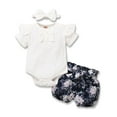 thumbnail image 1 of Dooleck Baby Girl Clothes Ribbed Ruffle Bodysuit Floral Bow Shorts Set 3PCS Outfit, 1 of 8
