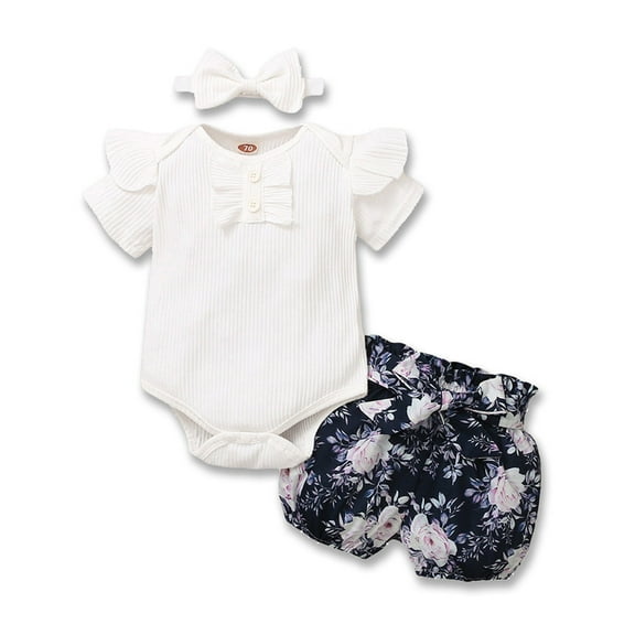 Dooleck Baby Girl Clothes Ribbed Ruffle Bodysuit Floral Bow Shorts Set 3PCS Outfit