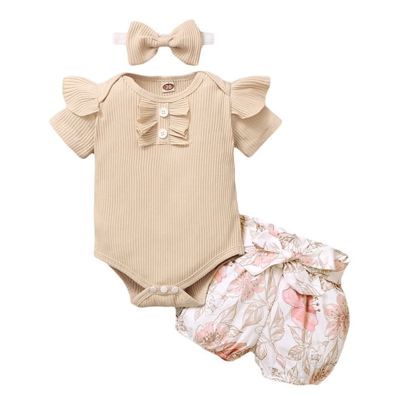 Dooleck Baby Girl Clothes Ribbed Ruffle Bodysuit Floral Bow Shorts Set 3PCS Outfit
