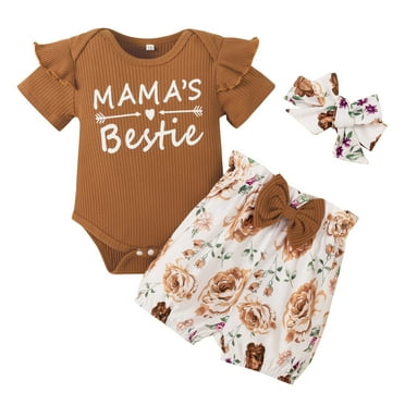 Dooleck Baby Girls Clothes Summer Outfits for Toddler Girl Mamas Bestie Ribbed Romper Floral Shorts Set
