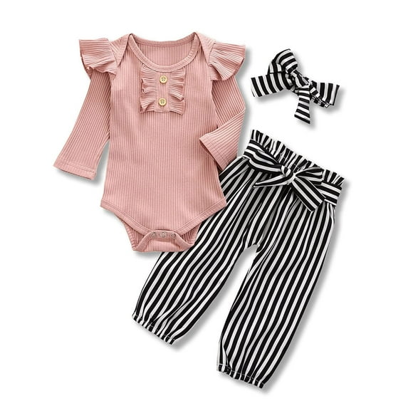 Dooleck Baby Ribbed Clothes Infant Girl Ruffle Bodysuit Jogger Pant Outfit Streetwear
