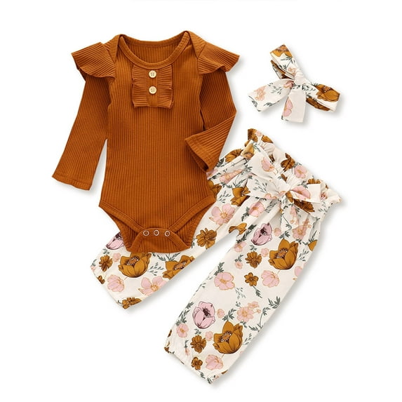 Dooleck Baby Ribbed Clothes Infant Girl Ruffle Bodysuit Jogger Pant Outfit Streetwear
