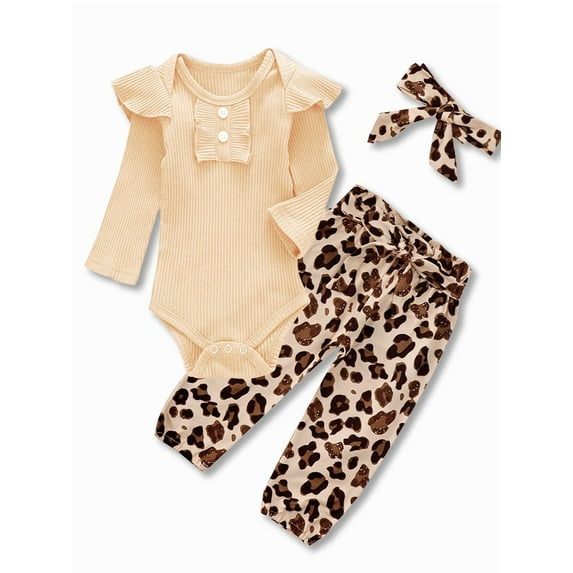 Dooleck Baby Ribbed Clothes Infant Girl Ruffle Bodysuit Jogger Pant Outfit Streetwear