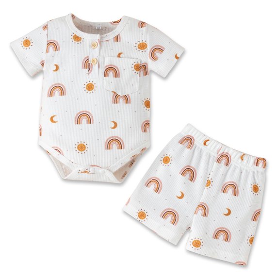 Dooleck Baby Waffle Outfit Rainbow Sunshine Clothes Bodysuit Onesies Shorts Pants