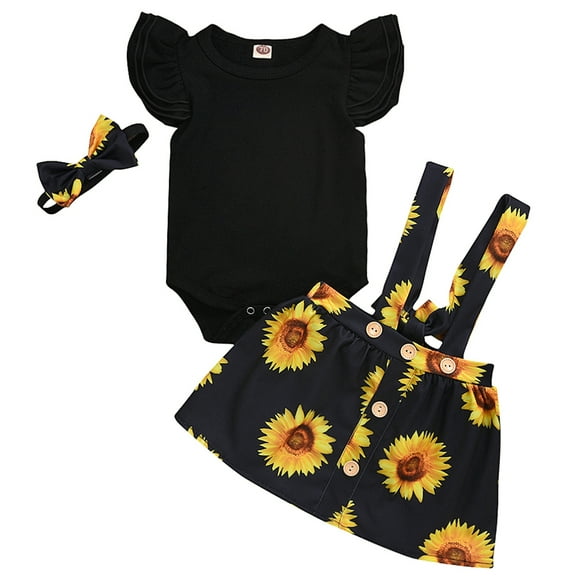 Dooleck Infant Baby Girl Clothes Ruffle Onesies Sunflower Suspender Skirt Outfit Set