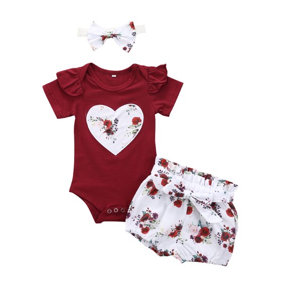 Dooleck Infant Baby Girl Heart Bodysuit Floral Shorts Pants Outfit Baby Girl Clothes