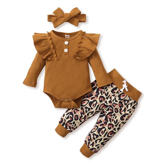 Dooleck Infant Ribbed Clothes Ruffle Bodysuit Leopard Halen Pant Outfit Streetwear