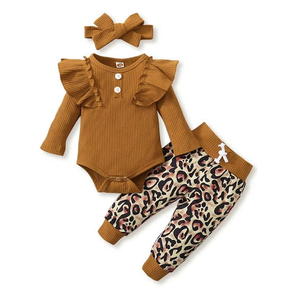 Dooleck Infant Ribbed Clothes Ruffle Bodysuit Leopard Halen Pant Outfit Streetwear