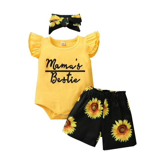 Dooleck Mamas Bestie Baby Girl Clothes Infant Ruffle Bodysuit Sunflower Shorts Outfit