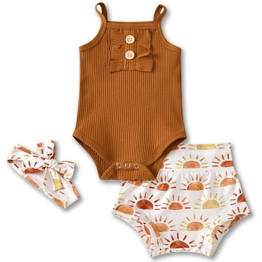 Dooleck Newborn Baby Girl Onesies Sets Ribbed Outfit Summer Clothes Romper Shorts Headband