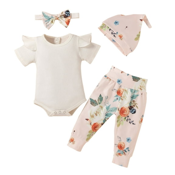 Dooleck Ribbed Baby Clothes Infant Ruffle Bodysuit Floral Jogger Outfit 4PCS Set