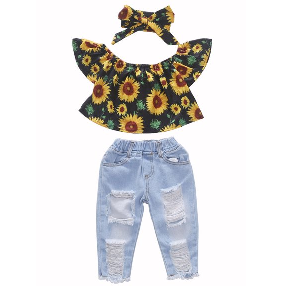 Dooleck Toddler Girl Ripped Jeans Sunflower Shirt Top Denim Pant Kids Girls Clothes