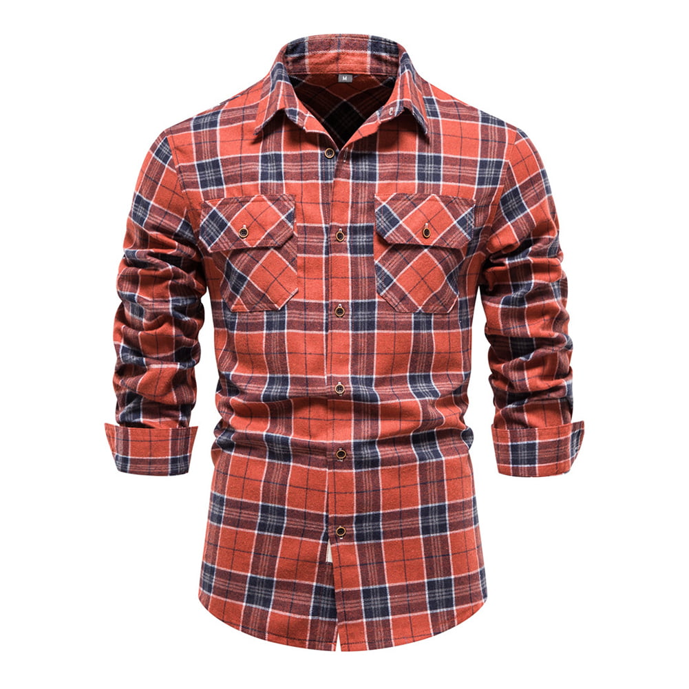Doolland Men Long Sleeves Plaid Shirt，Professional Shirts Trend Plaid  Long-sleeved Double Pocket Shirt Men 