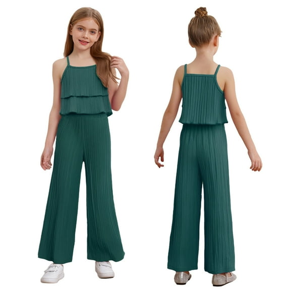 Doomiva 2 Piece Summer Outfit Toddler Girls Solid Sleeveless Ruffle Cami Tops with Elastic Waist Wide Leg Pants Set Green 110