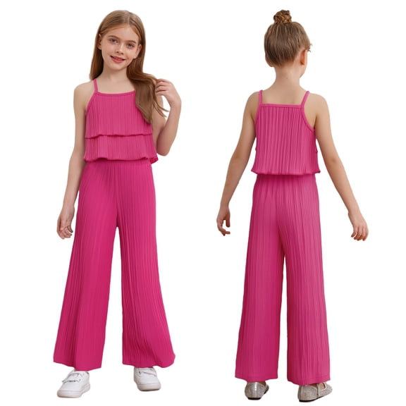 Doomiva 2 Piece Summer Outfit Toddler Girls Solid Sleeveless Ruffle Cami Tops with Elastic Waist Wide Leg Pants Set Hot Pink 120