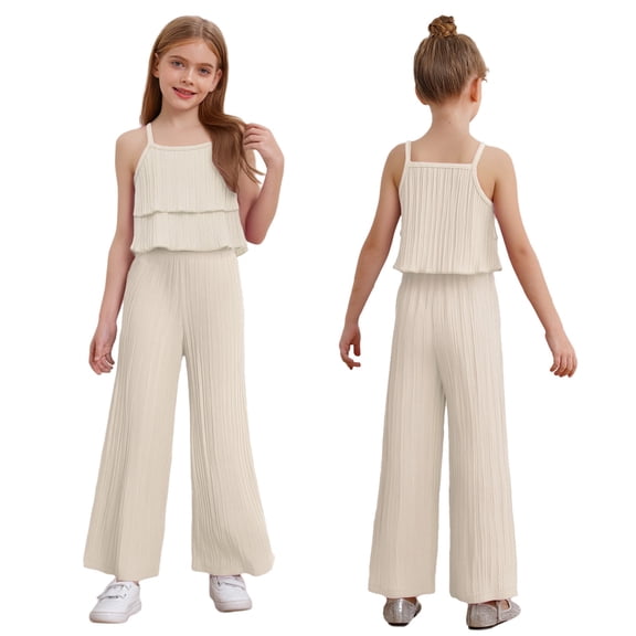 Doomiva 2 Piece Summer Outfit Toddler Girls Solid Sleeveless Ruffle Cami Tops with Elastic Waist Wide Leg Pants Set White 120