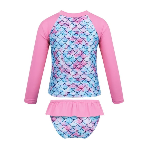 Doomiva 2PCS Kids Girls Fish Scales Printed Swimsuit Rash Guard Long Sleeves Top with Ruffles Bottom Pink 8