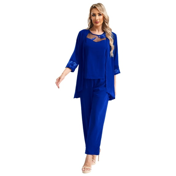 Doomiva 3 PCS Chiffon Mother's Outfit Pants Suits with Tank Top and Draped Cardigan for Wedding Party Blue 4XL