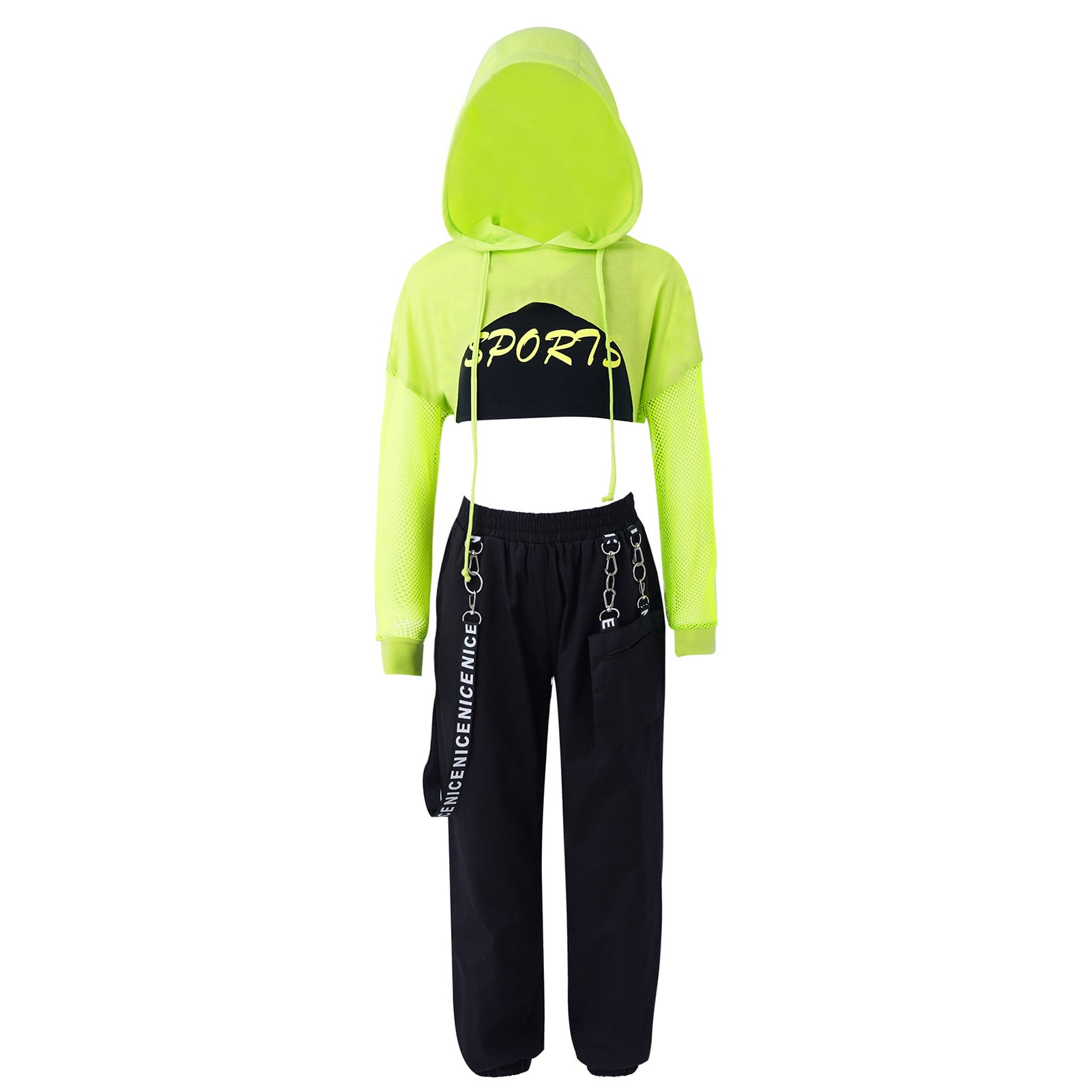 Barielle 10011 Driedelige hiphop-outfit voor kinderen, hoodie met netmouwen, crop top, cargobroek met kettingdesign, dansoutfit, neongeel, 146-152