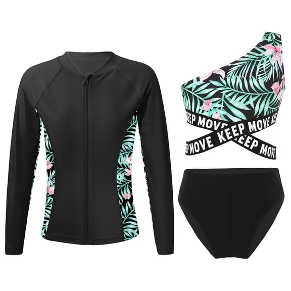 Doomiva 3 Pcs Printed Rash Guard Sets for Girls Upf 50  Swim Cover Shirts One Shoulder Bikini Beach Tankini Bathing Suit Black 14