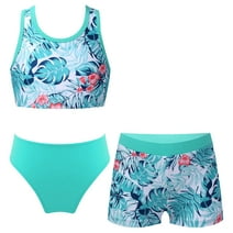 Doomiva 3 Pieces Tankini for Kids Girls Floral Bikini Top Brief with Shorts Beach Bathing Suit Swimwear Lake Green 10