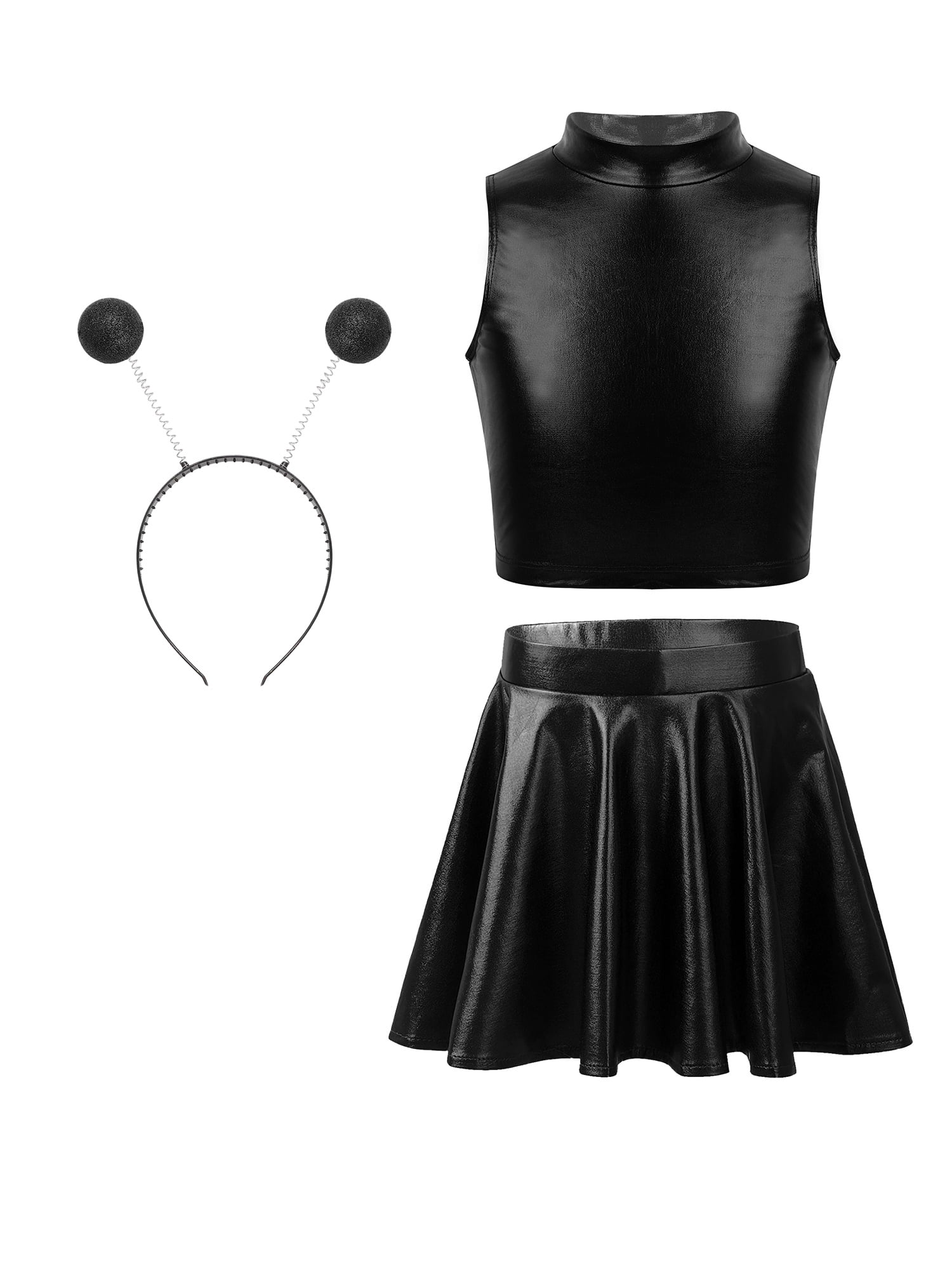 Doomiva 3Pcs Space Alien Outfit for Girls Holographic Metallic Skirt with Crop Top and Hair Hoop Set Black 14
