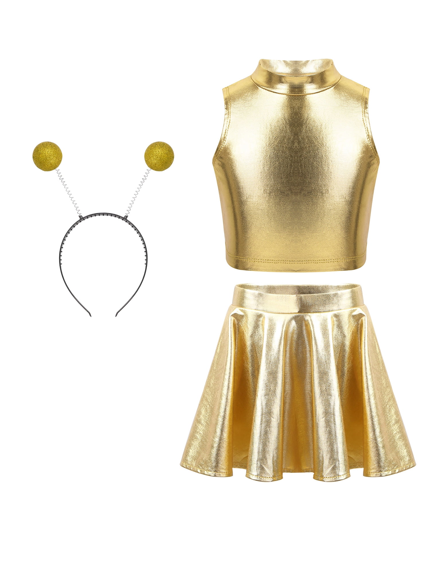 Doomiva 3Pcs Space Alien Outfit for Girls Holographic Metallic Skirt with Crop Top and Hair Hoop Set Gold 16