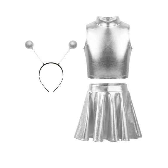 Doomiva 3Pcs Space Alien Outfit for Girls Holographic Metallic Skirt with Crop Top and Hair Hoop Set Silver 14