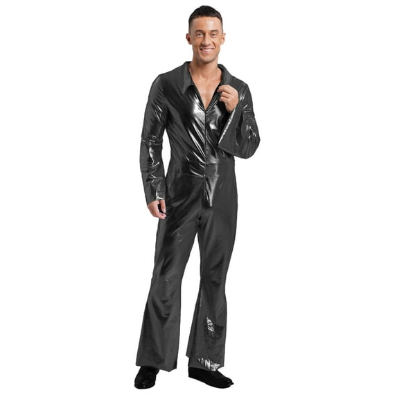 Doomiva 90s Rock Star Disco Ballroom Costume for Adult Men Metallic V Neck Bell One Piece Jumpsuits Black L