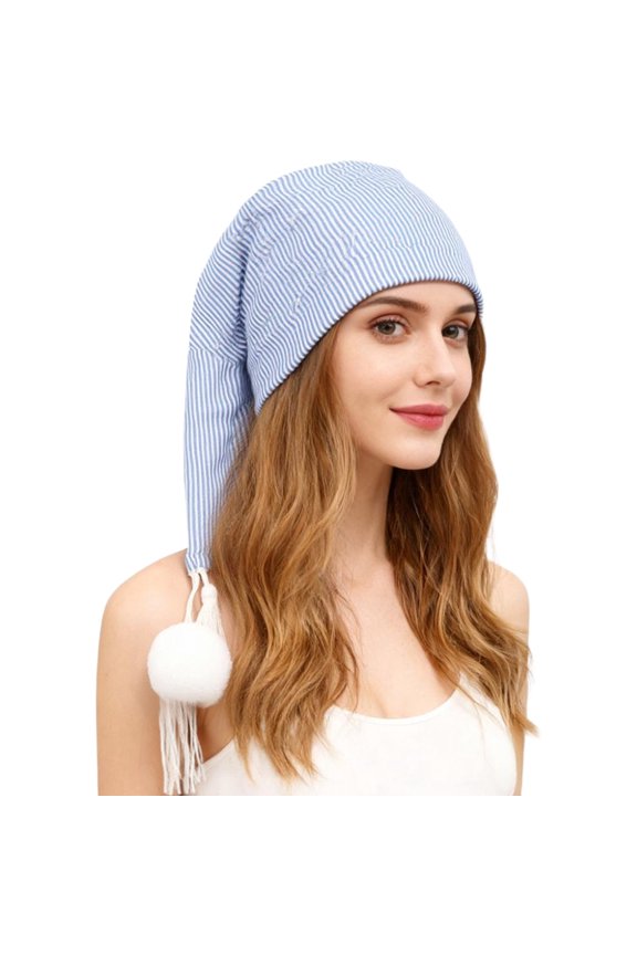 Adjustable Drawstring Stocking Sleeping Cap Night Hat with Pom Ball for Christmas Xmas Party Blue White One Size