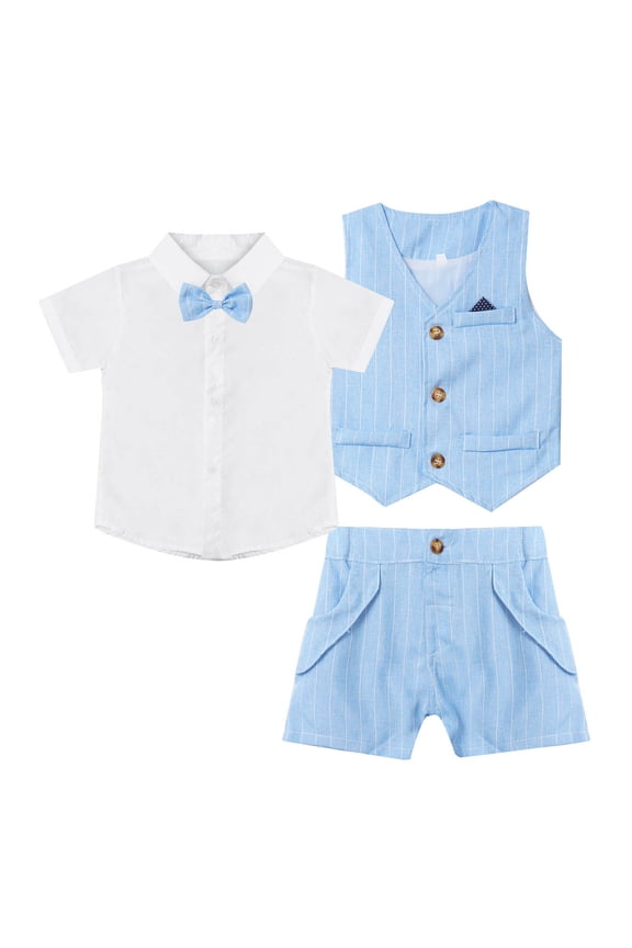 Baby Boys 3-Piece Tuxedo Includes Dress Shirt Bow Tie Vest and Shorts Formal Suit Set Sky Blue 80