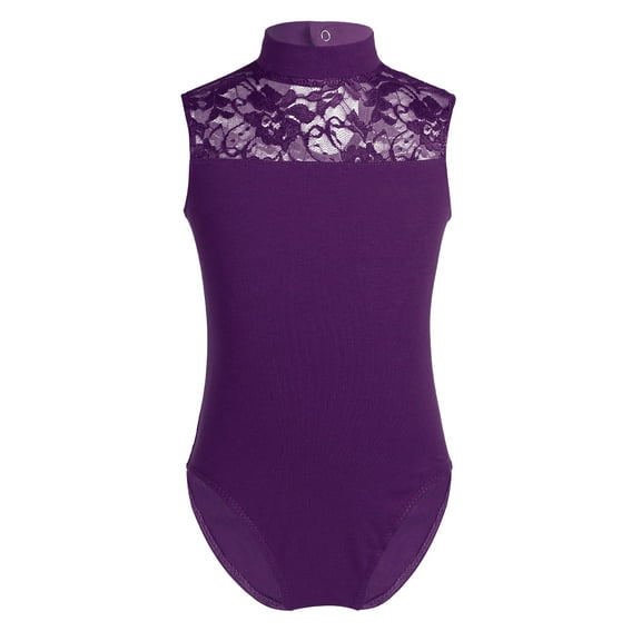 Doomiva Ballet Leotards for Girls Kids Sleeveless Turtle Neck Lace Back Gymnastics Dance Bodysuit Purple M
